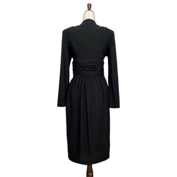Leslie Lucks Vintage 80s Wool Blend Black Faux Wrap Midi Dress Size 12 - Picture 7 of 9